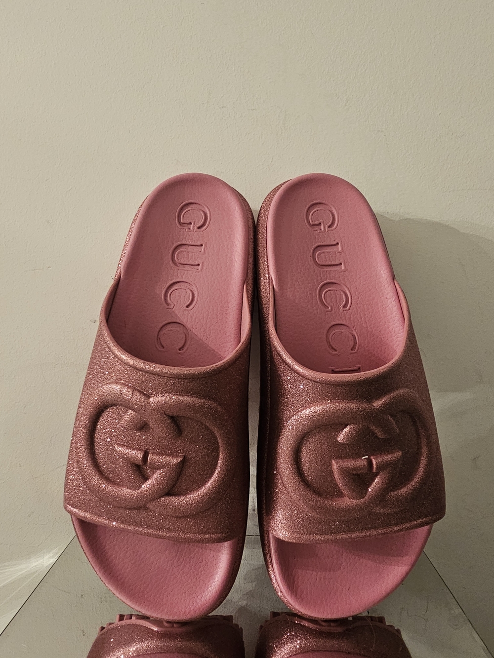 100% Authentic Gucci Pink Glitter Logo Slide Sandals